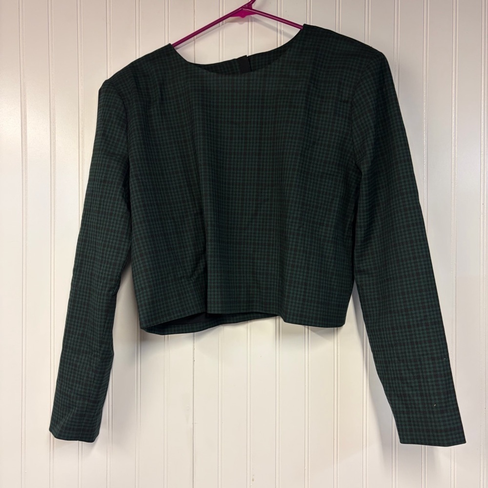 Ann Taylor Womens Dark Green Plaid Long Sleeve Crop Top Size 12